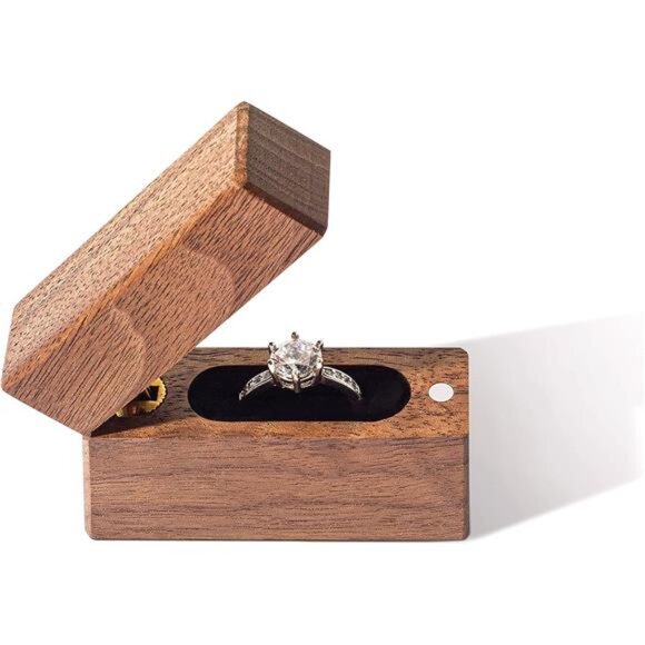 Wooden Engagement Ring Box Small Slim Flat Ring Case for Proposal,Wedding - Picture 4 of 7